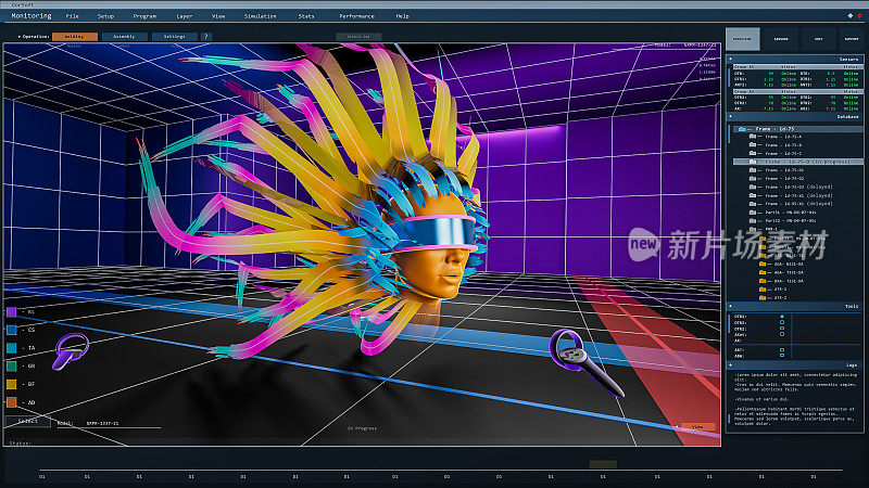 创造艺术装置的虚拟现实设计软件的数字用户界面。互动模拟器VR App制作网络工艺，表达动画，构建元宇宙。